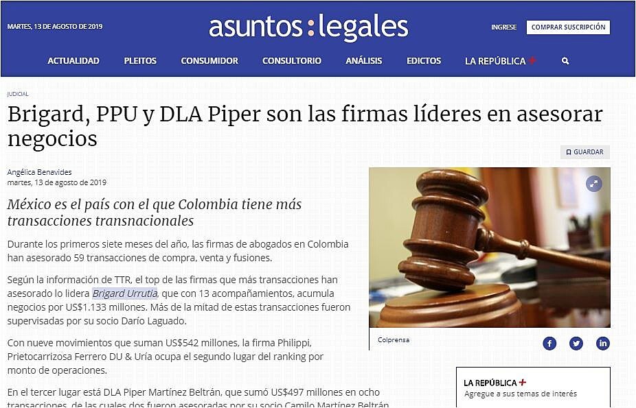 Brigard, PPU y DLA Piper son las firmas lderes en asesorar negocios